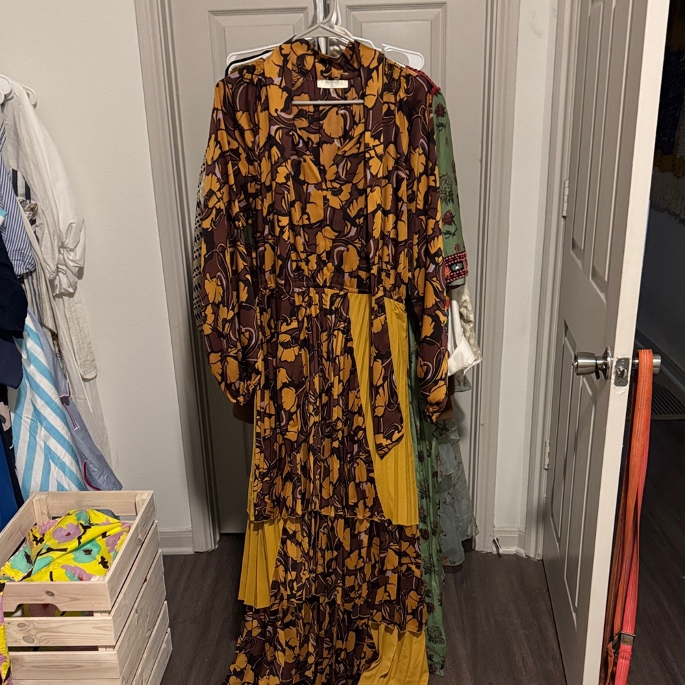 Anthropologie Long Sleeve Floral Dress in Yellow and Brown